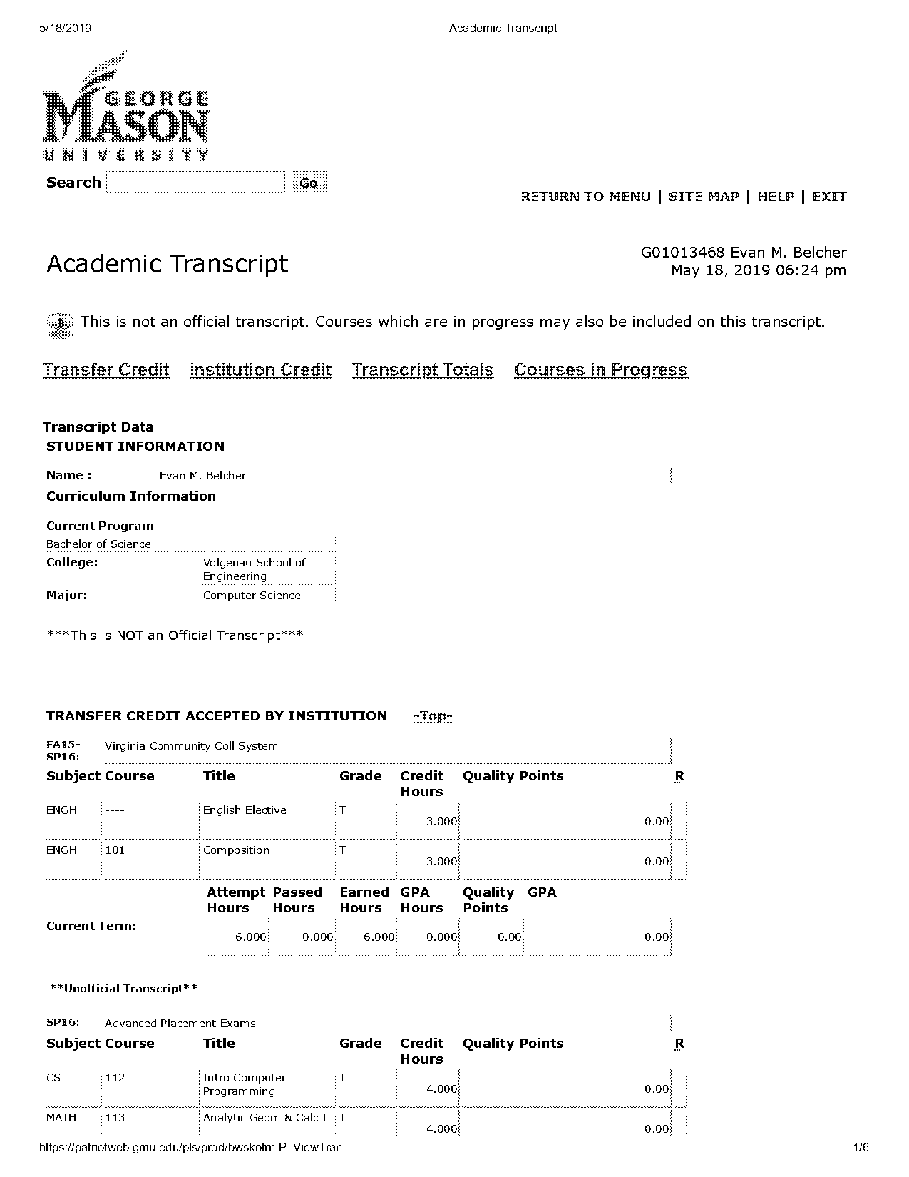 gmu download unofficial transcript